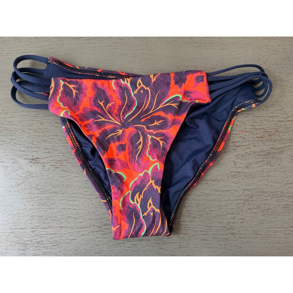 L Space Bikini Bottoms XS Floral Multi Strap Caged Navy Orange Full Cut NWOT